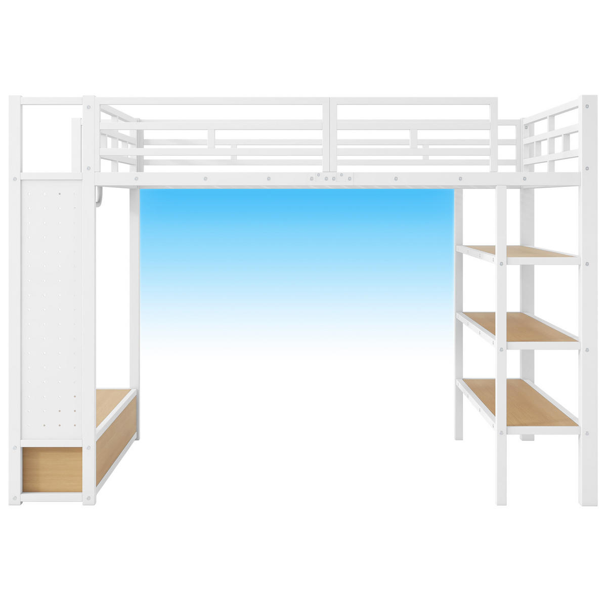 HOCHBETT 140/200 cm mit offenem Kleiderschrank, Regalfächern, Lochwand und LED-Beleuchtung, Weiß - Weiß, Holzwerkstoff (140/200cm) - Redom