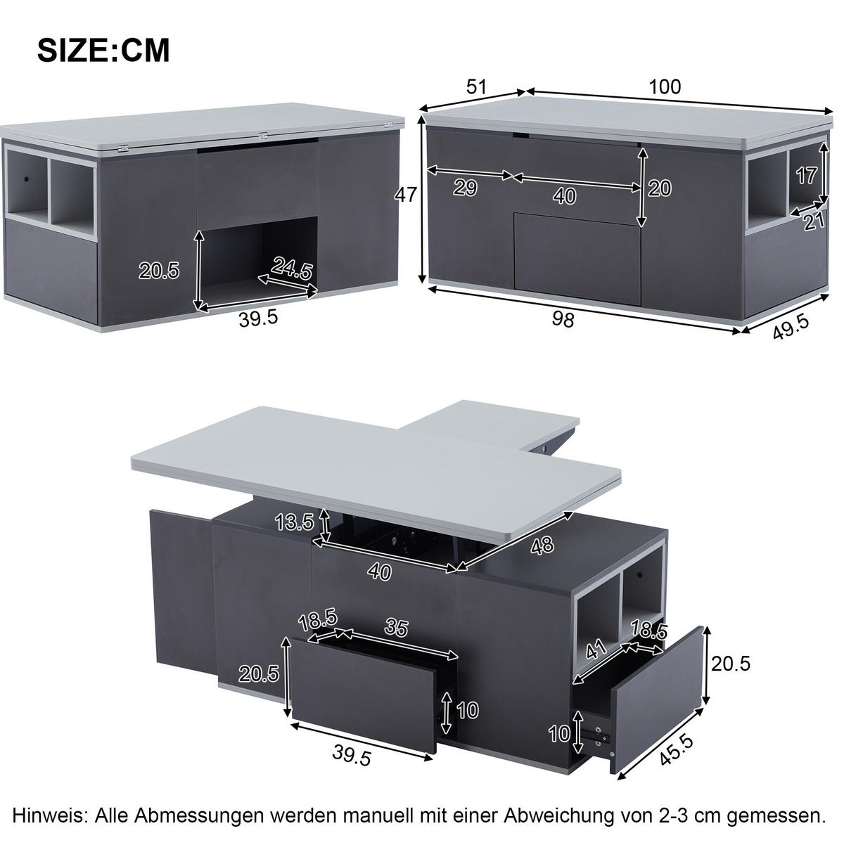 KONFERENČNÍ stolek 100/51/47 cm šedý z dřevotřísky s výškově nastavitelnou deskou a úložným prostorem - šedá, kompozitní dřevo (100/51/47cm) - OKWISH
