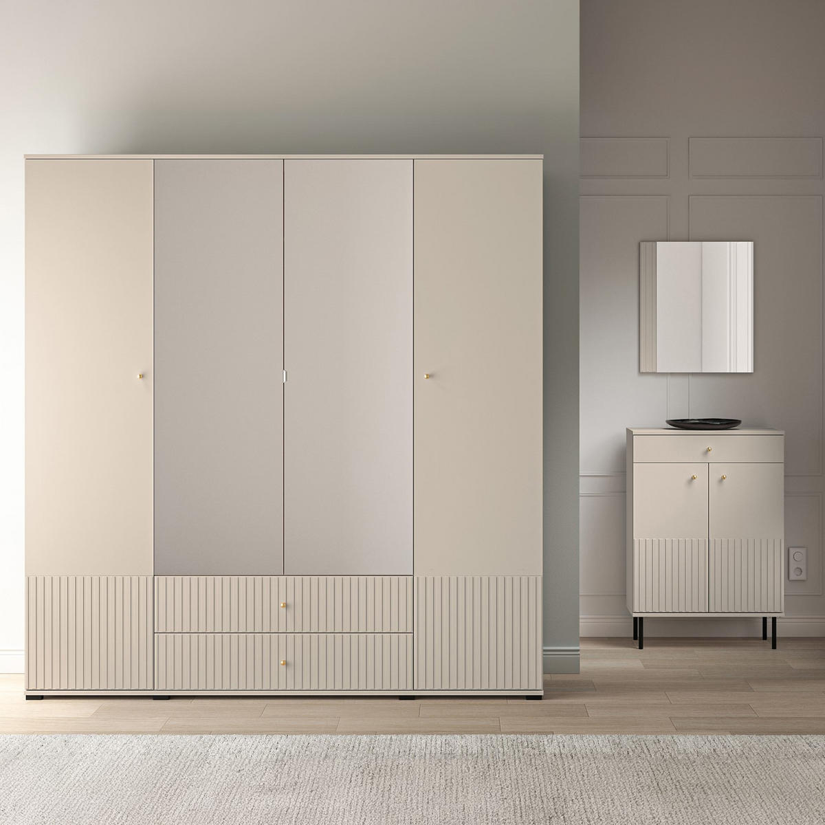 KLEIDERSCHRANK DROMA 4-Türig,Creme - Creme/Schwarz, Glas/Holzwerkstoff (200/210/55cm) - KONSIMO®