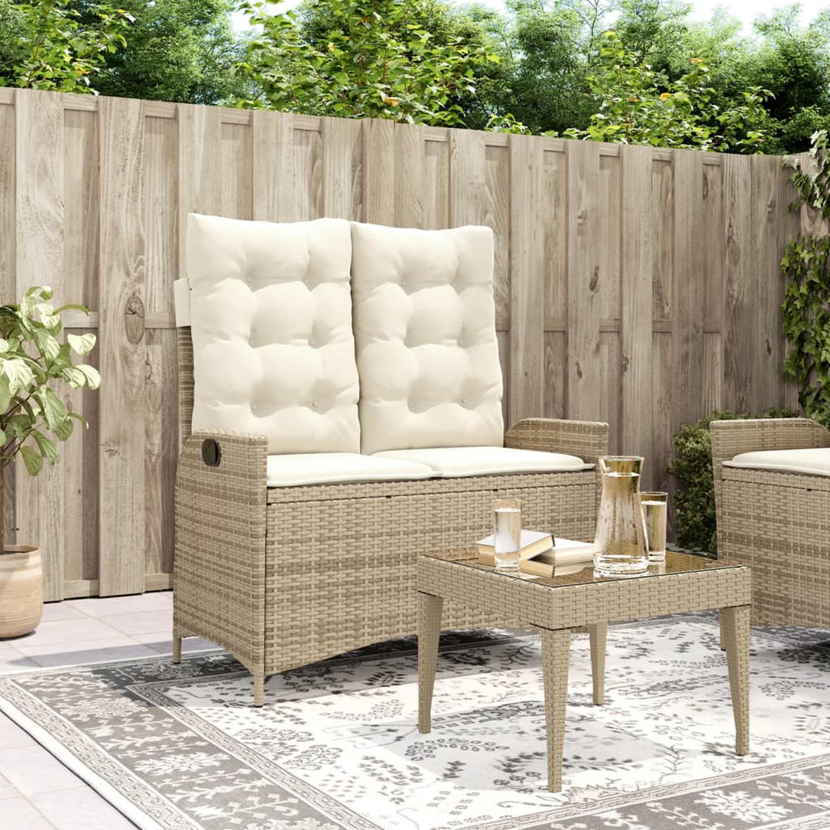 GARTENBANK Verstellbar mit Kissen Beige Poly Rattan - Beige, Kunststoff (104/93/59cm) - furnicato