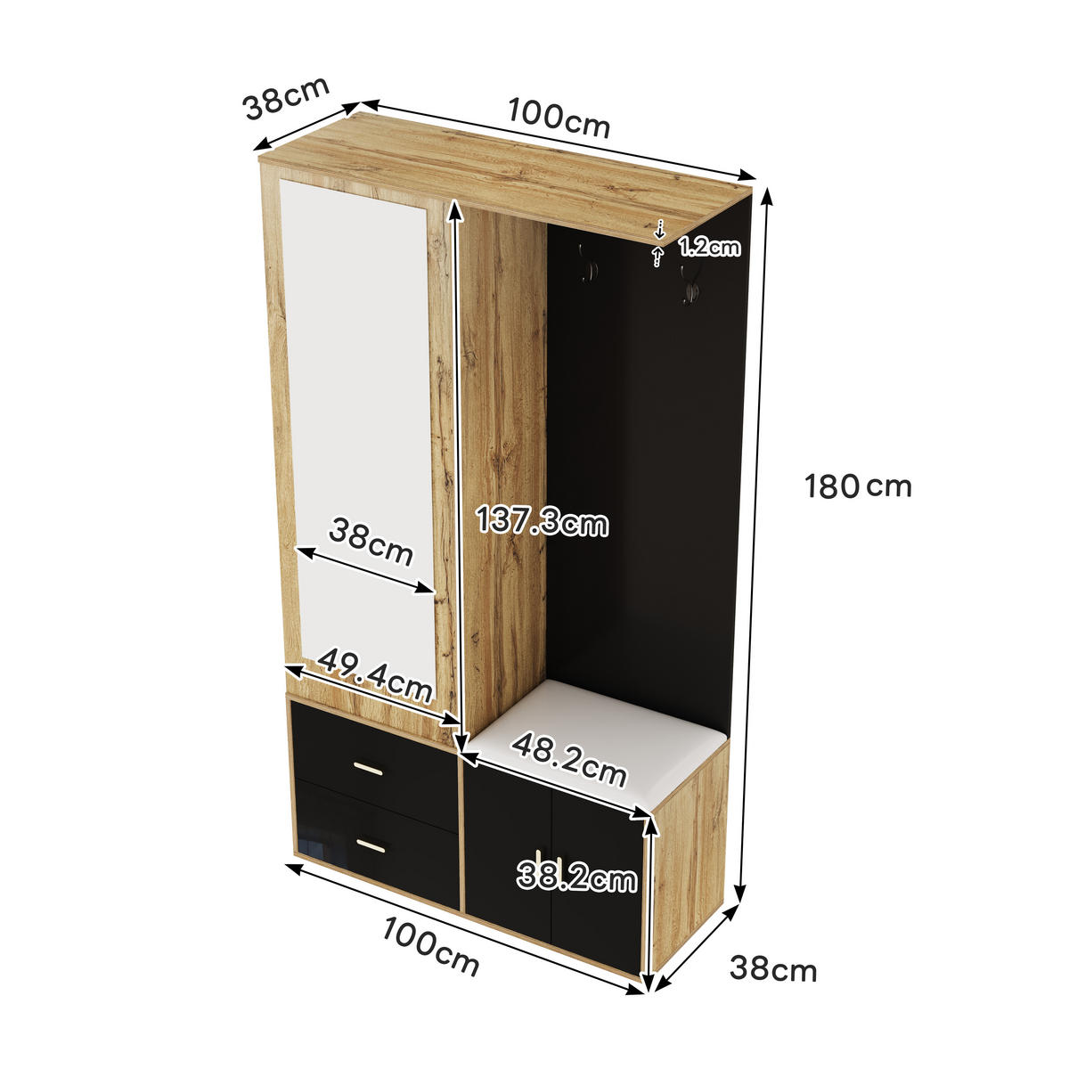 SCHUHSCHRANK aus Spanplatte 100x38x180cm in Schwarz & Natur mit Spiegel - Naturfarben, Holzwerkstoff (100/180/38cm) - Modfu