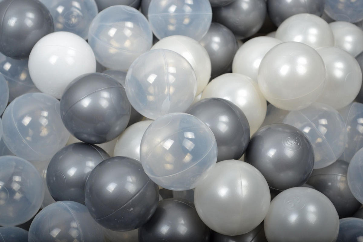 BÄLLE für Bällebad, Spielbälle, Plastikbälle für Kinder Set 50 pcs.: Silber/Weiß/Perlweiß/Transparent - Waldgrün, Textil (7/7/7cm) - MeowBaby