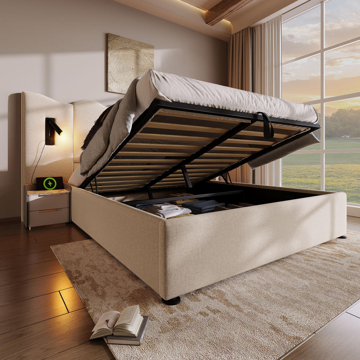 POLSTERBETT 160/200 cm in Beige mit Bettkasten, Leselampe, USB und Type-C Leinen wellenförmiges Design - Beige, Holzwerkstoff/Textil (160/200cm) - STILVORA