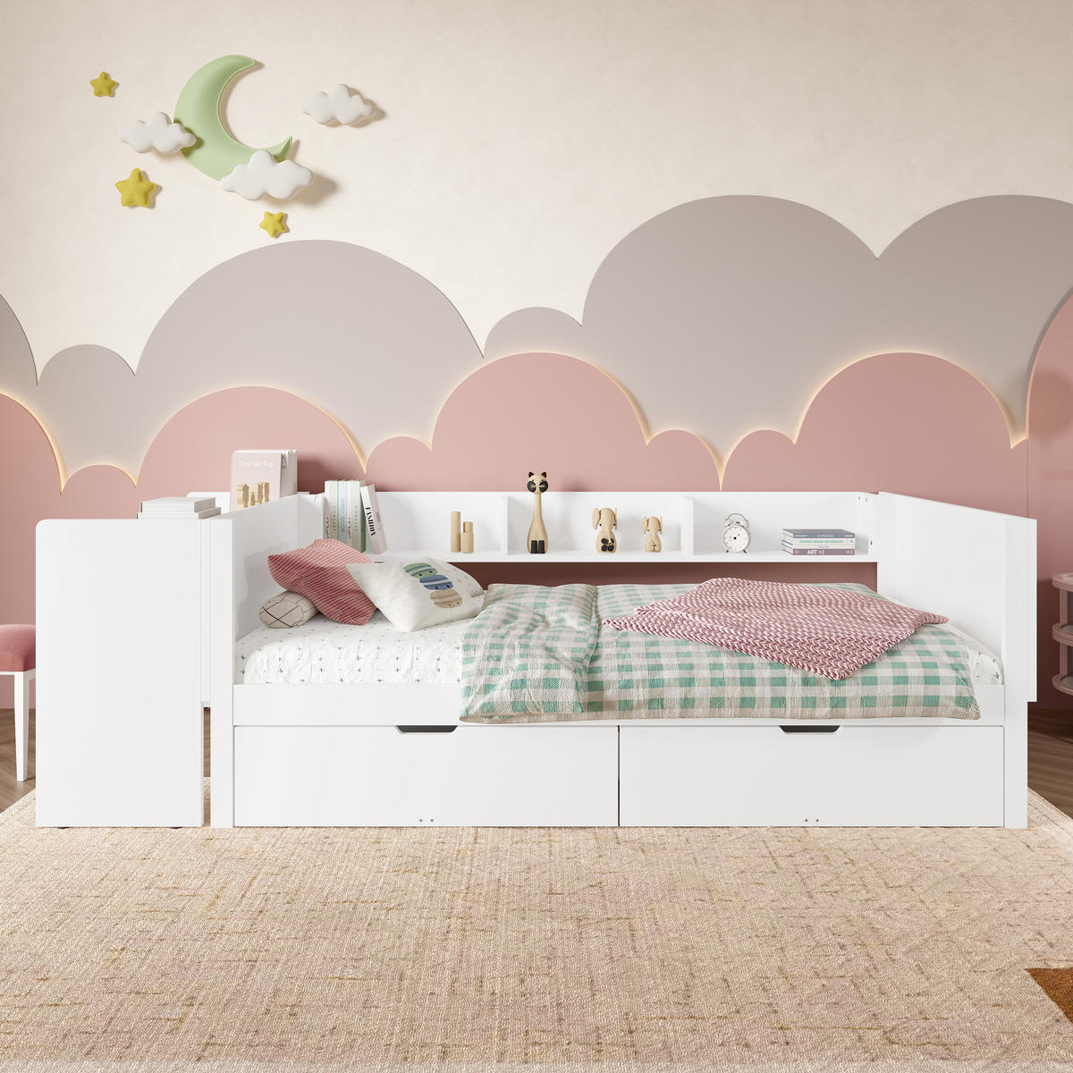 FLACHBETT 90x200cm Weiß Holz Schreibtisch 2 Schubladen Regale - Weiß, Holz (90/200cm) - FLIEKS