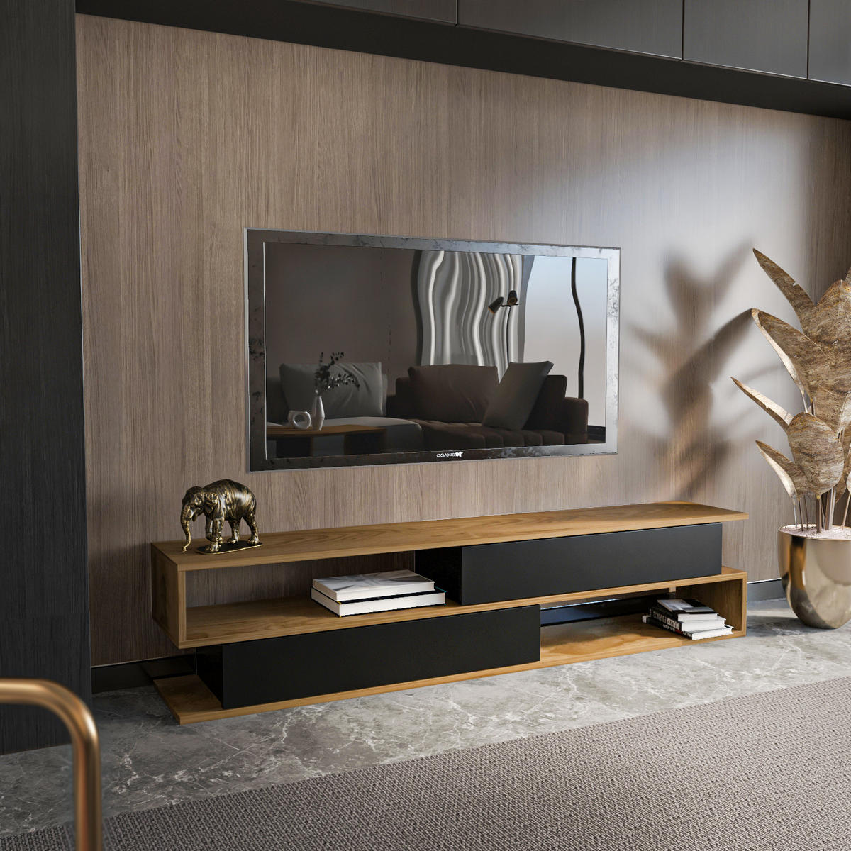 TV-ELEMENT Walnussbraun Schwarz - Walnussfarben/Schwarz, Holzwerkstoff (160/40/35cm) - Decorotika