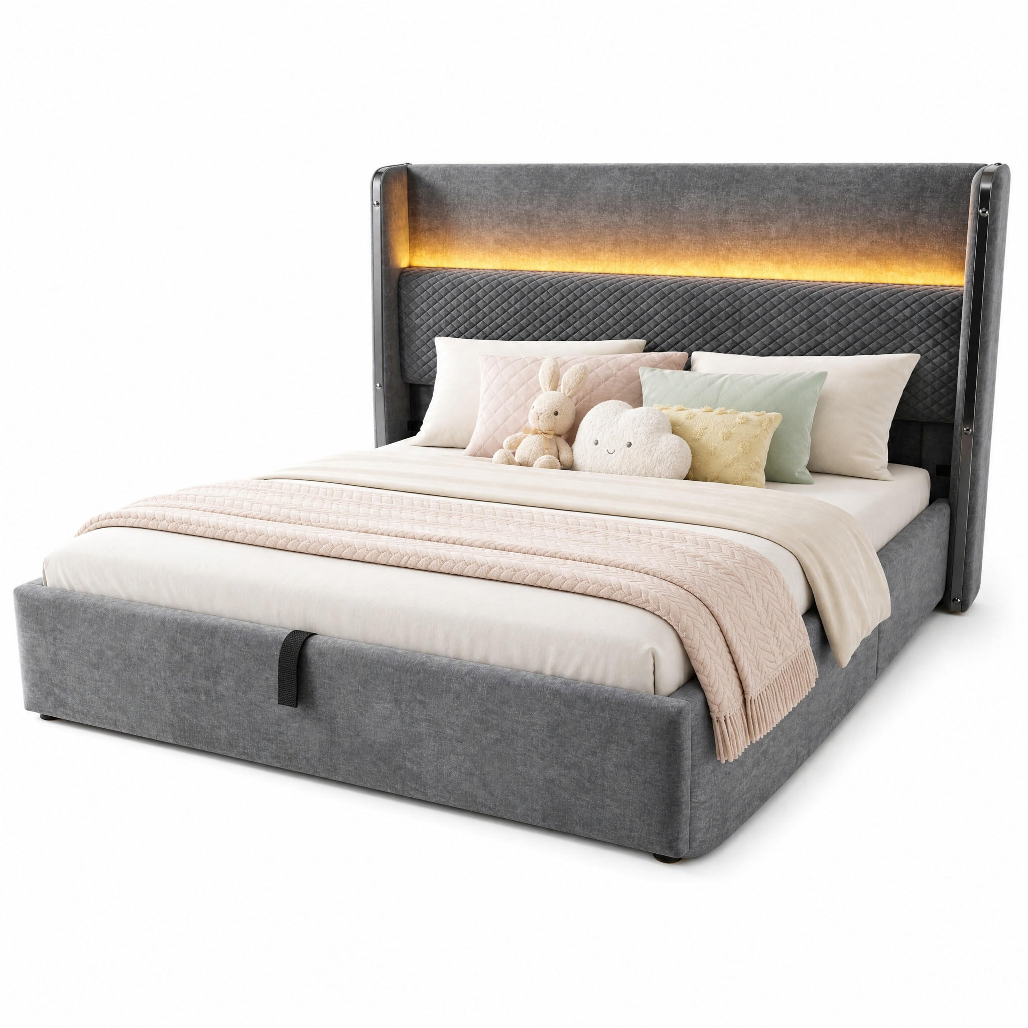 POLSTERBETT 160/200 cm in Grau mit Bettkasten, LED, USB und Type-C Leinen - Grau, Holzwerkstoff/Textil (160/200cm) - STILVORA