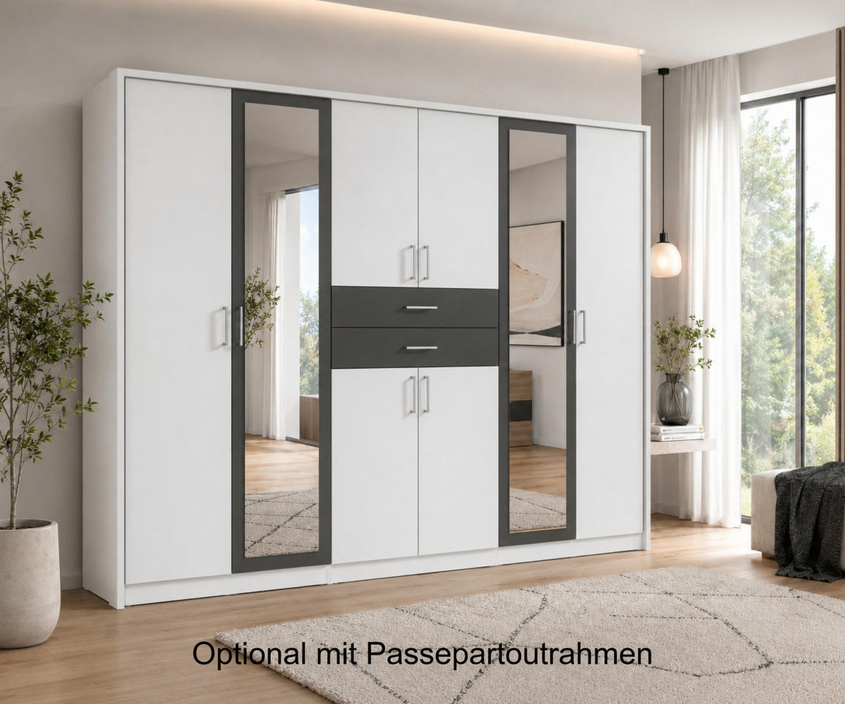 DREHTÜRENSCHRANK Kleiderschrank B270/H208/T58 cm mit Schubkästen & 2 Spiegeltüren, Weiß mit Absetzungen in Grafit / 22594 - Silberfarben/Graphitfarben, Holzwerkstoff/Kunststoff (270/208/58cm) - luma-home