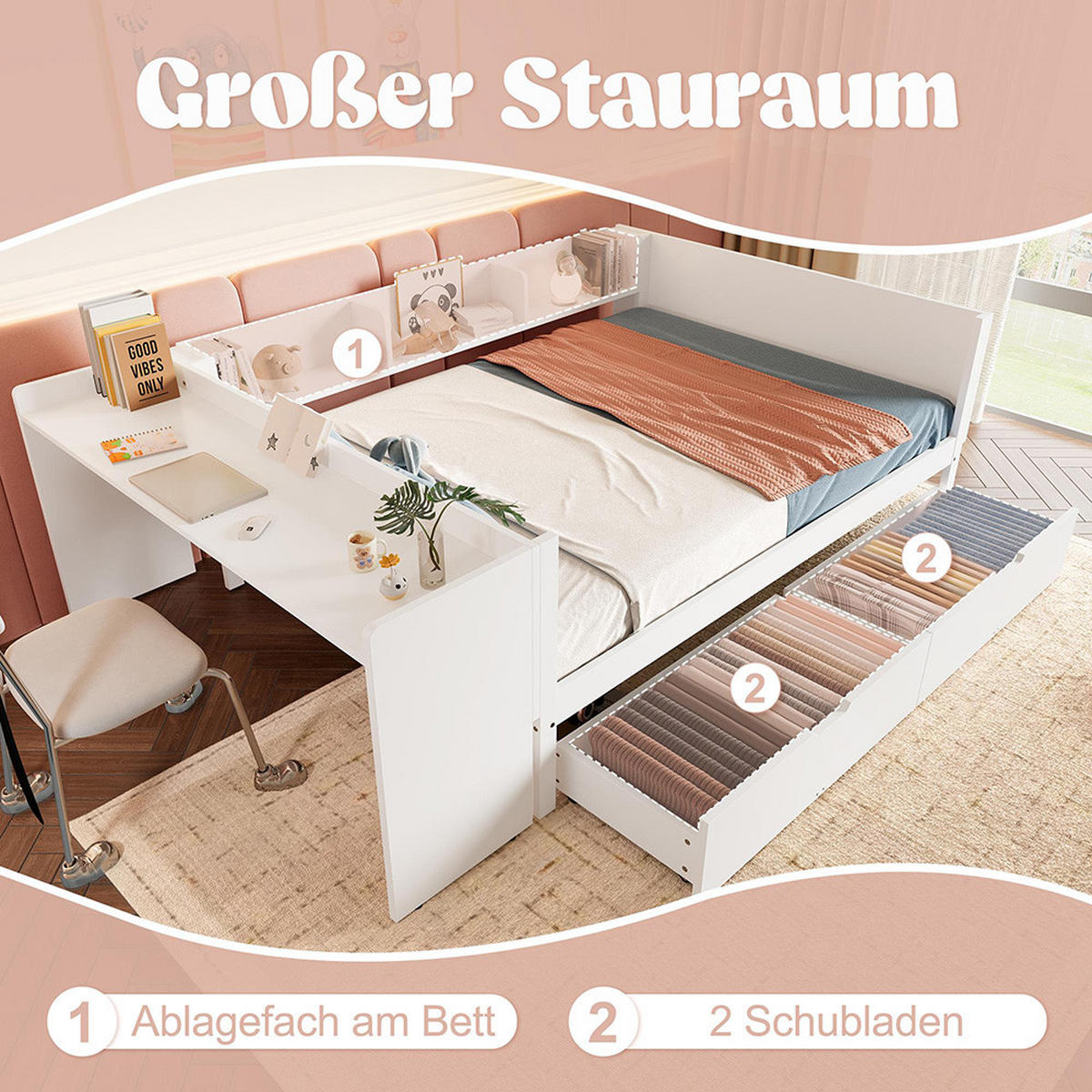 DOPPELBETT 140x200cm mit 2 Schubladen，weiß - Weiß, Holz (140/200cm) - KOMHTOM