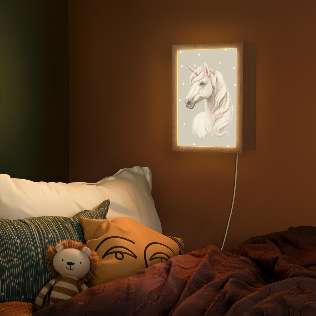 NÁSTĚNNÁ LAMPA Jednorožec - bílý - tečky 20x30 cm - šedohnědá, kompozitní dřevo (20/30/8cm) - OnlyWow