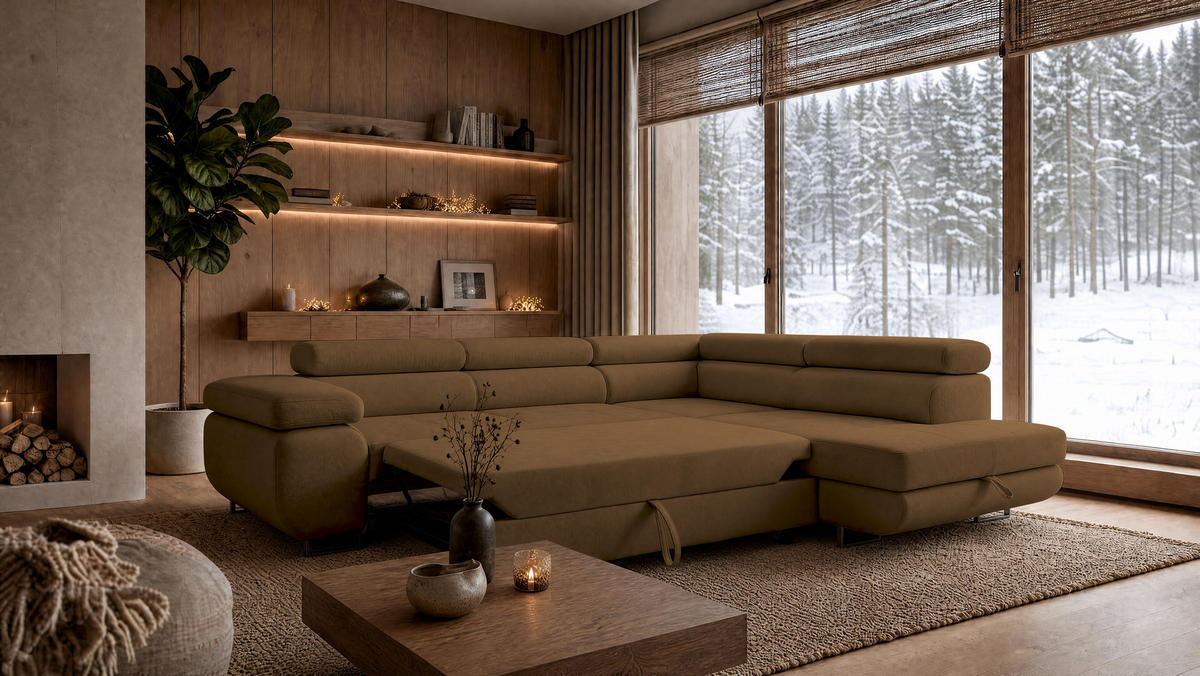 ECKSOFA Velmo mit Bettkasten und Schlaffunktion, verstellbaren Kopfstützen, in L-Form - Braun, Textil (275/203cm)