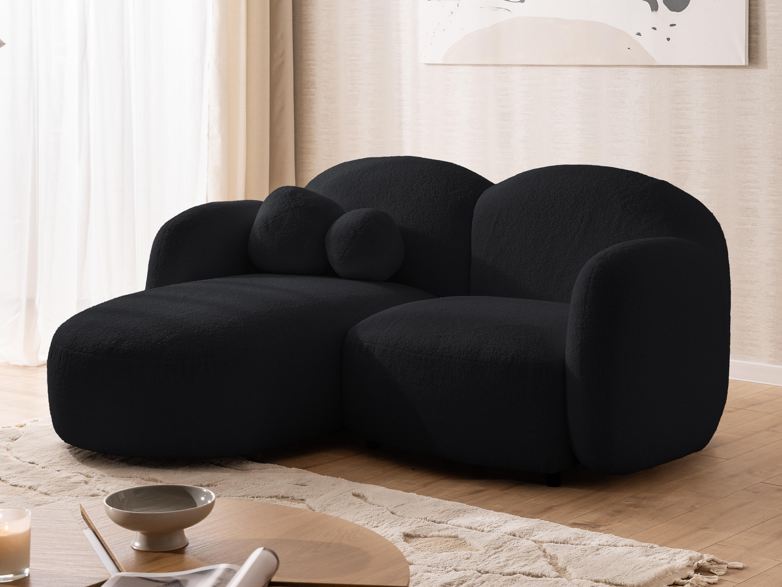 ECKSOFA Nuvola mit abgerundetem Design Schwarz Bouclé-Stoff - Ottomane Links - Schwarz, Holz/Kunststoff (190/146cm) - S-Style Möbel