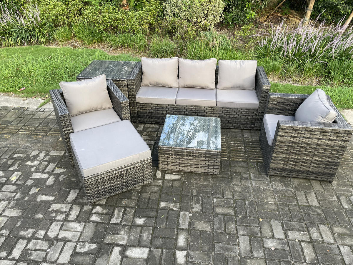 GARTENSET mit Beistelltisch Polyrattan 6-Sitzer - Dunkelgrau, Metall - Fimous