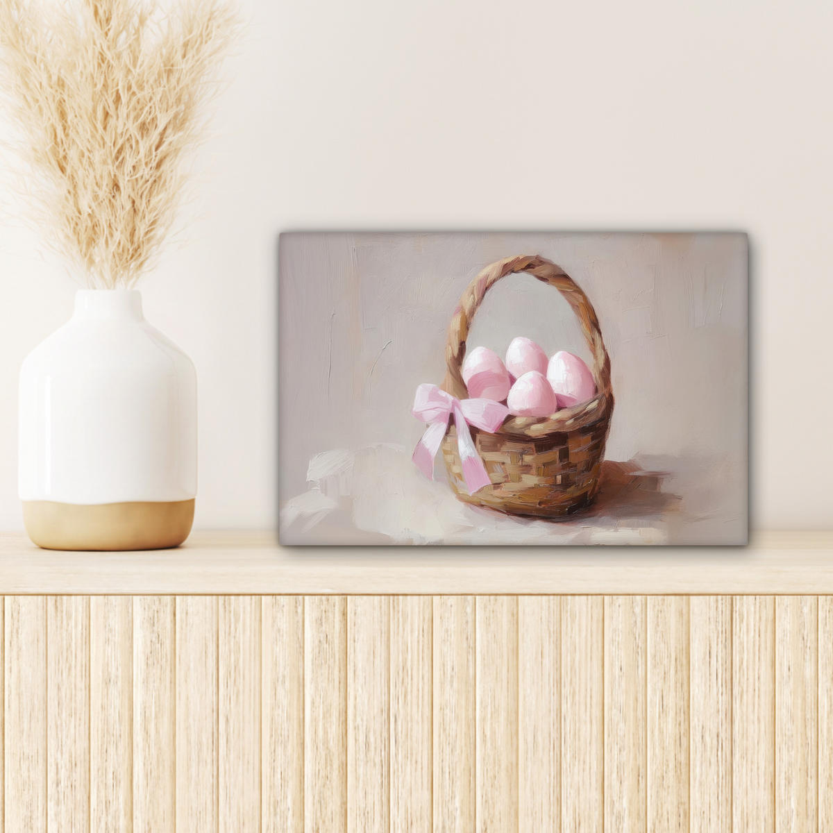 LEINWANDBILD Korb - Eier - Rosa Deko Schlafzimmer 30x20 cm - Beige, Textil (30/20cm) - MuchoWow