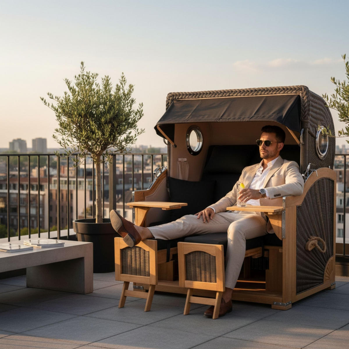 STRANDKORB XXL Düne Grande Teak PE Shell - Schwarz/Braun, Metall (142/170/95cm) - Mr. Deko