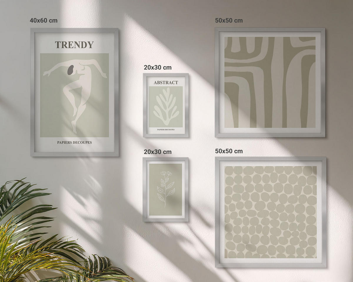 WANDBILDER 5er Set - 50x50 cm & 20x30 cm & 40x60 cm Silberner Rahmen - Pflanzen- und geometrische Muster - Silberfarben, Kunststoff (40/60cm) - ArtPrintCave