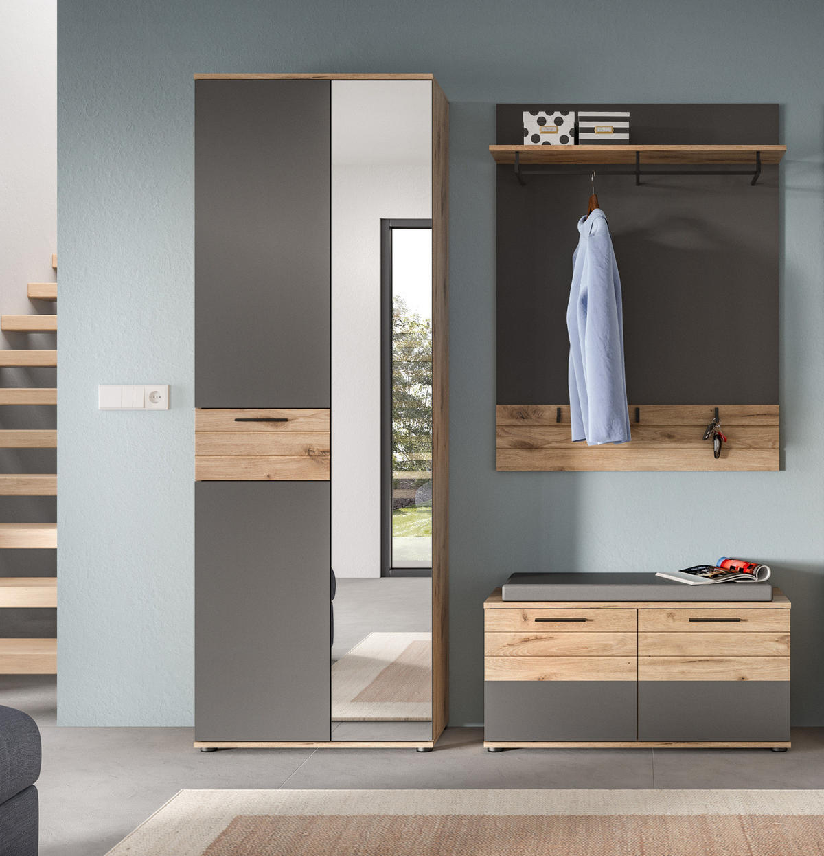 GARDEROBEN-SET Eiche, grau 3-teilig 175 cm mit Soft-Close - Eichefarben/Schwarz, Glas/Holzwerkstoff (175/200/37cm) - Inn.Furn