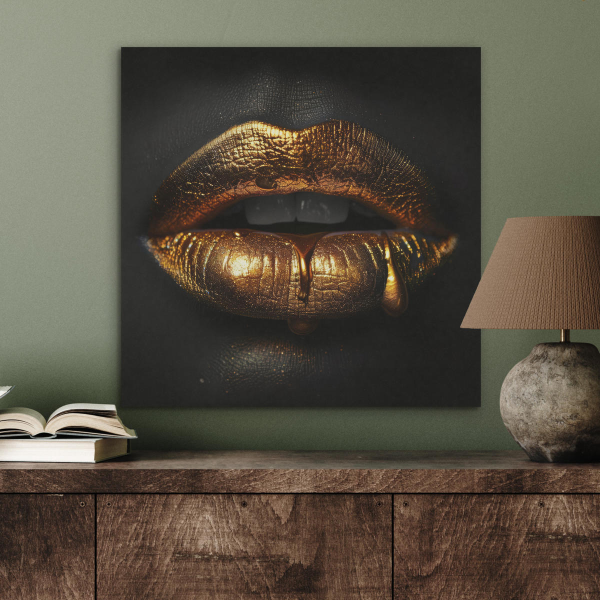 AKUSTIKBILD Frau - Porträt - Lippen - Gold - Schwarz Wandbilder 60x60 cm - Schwarz, Kunststoff (60/60/0.9cm) - MuchoWow