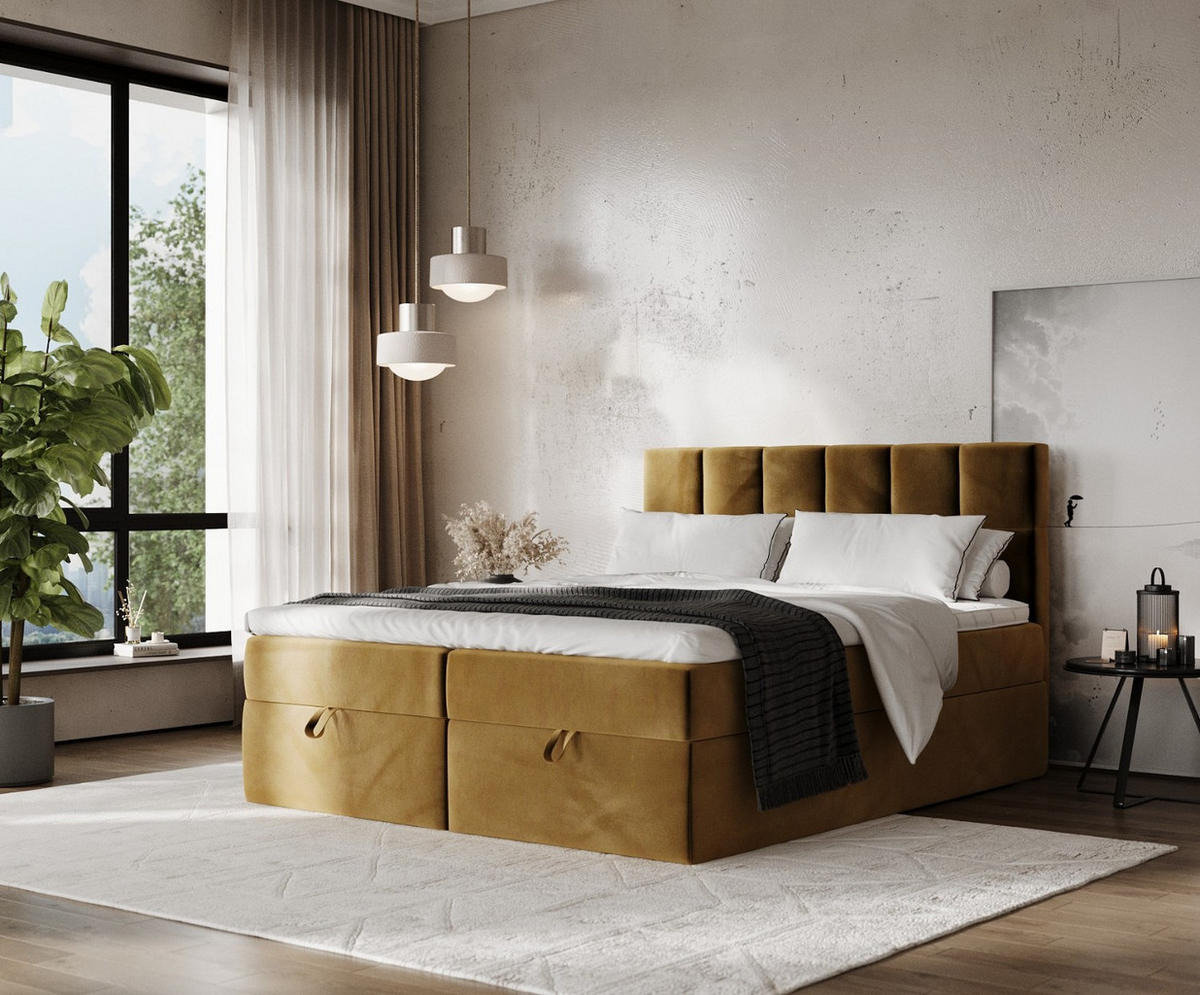 BOXBETT Savio 140/200 cm Honiggelb im Kronos Stoff - Schwarz/Honig, Holz/Holzwerkstoff (140/200cm) - AltaBeds