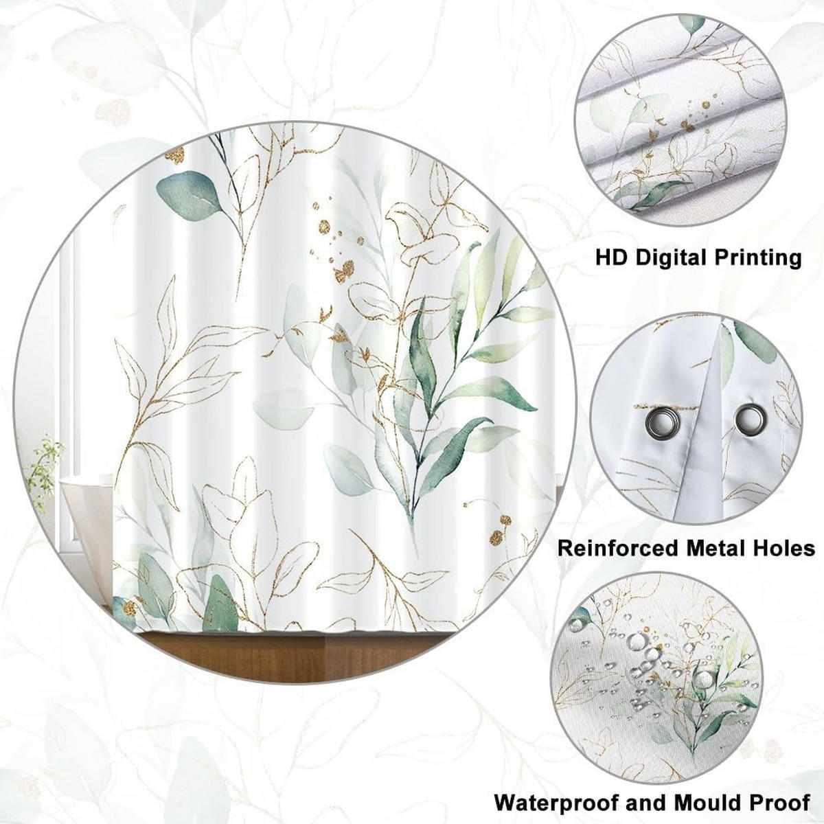 DUSCHVORHANG mit Blätter Grün Stoff waschbar Badezimmer Polyester wasserdicht mit Haken - Grün, Textil (200/180cm) - MCBOSON