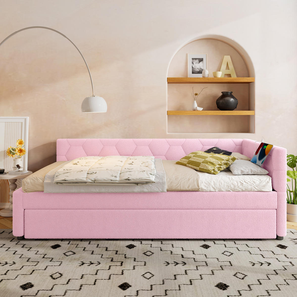POLSTERBETT 90/200 cm in Rosa mit Polsterbett, Bouclé und USB- und Type-C-Anschlüssen - Rosa, Textil (90/200cm) - Flora Grace