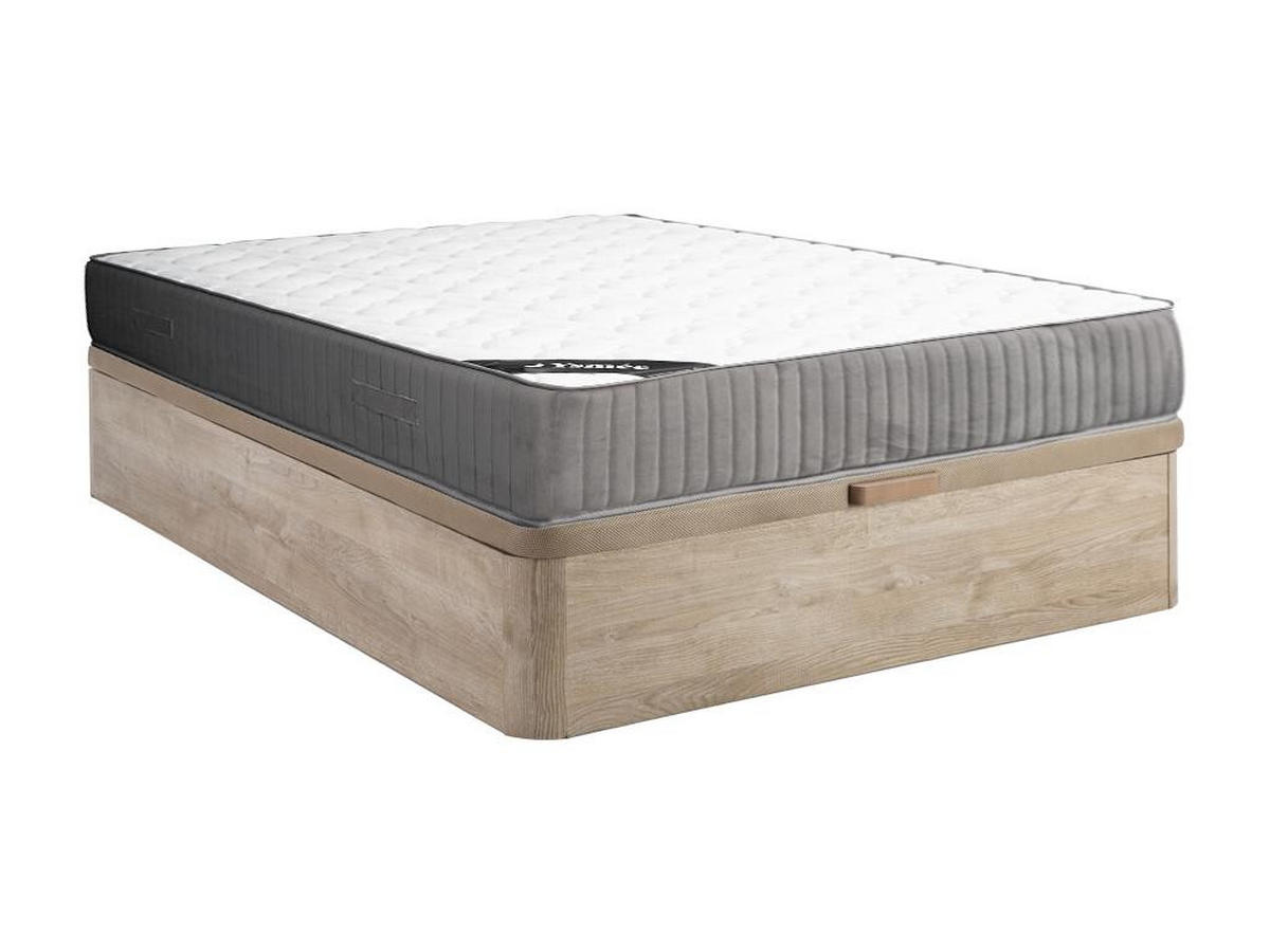 MATRATZE und Bettgestell mit Lattenrost und Bettkasten - 2 Personen - Stoff, Holz, Platte - Naturfarben Hell - - Naturfarben, Holz/Holzwerkstoff (160/200cm) - Vente-Unique