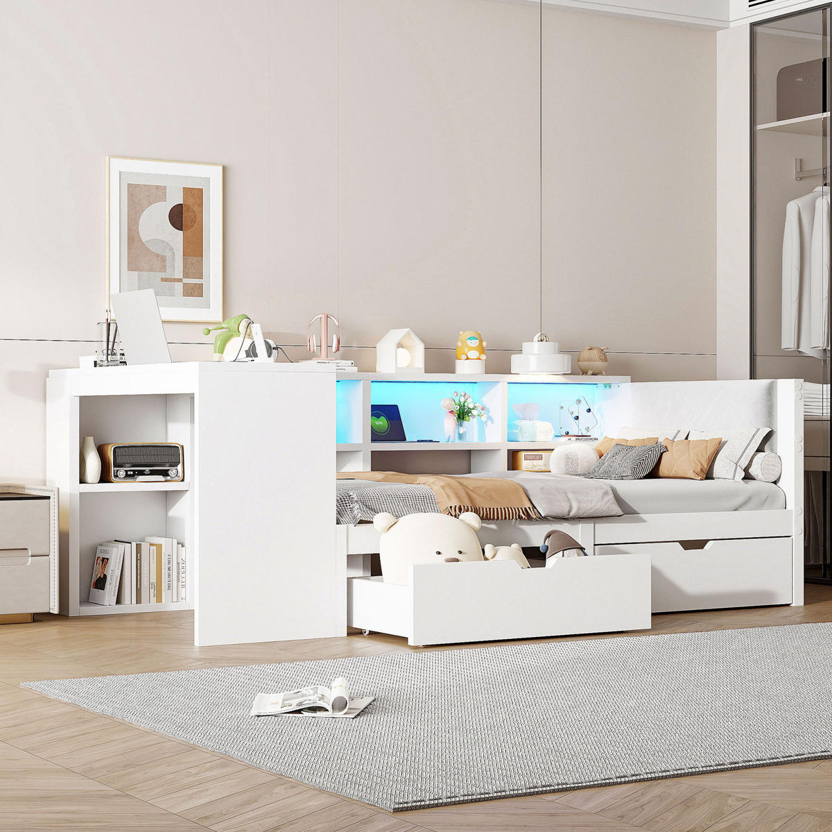 BETT aus MDF und Sperrholz 90x200 cm Weiß mit USB, Steckdosen, LED-Beleuchtung, Schubladen und gepolstertem Kopfteil - Weiß, Holzwerkstoff (90/200cm) - Modfu