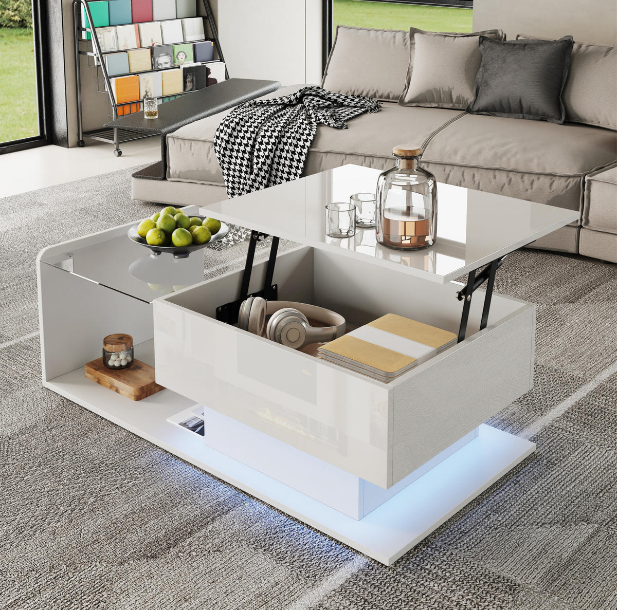 COUCHTISCH höhenverstellbar 100 x 50 cm Hochglanz White mit Glasplatte - Weiß, Holzwerkstoff (100/50/47.5cm) - Meubliv