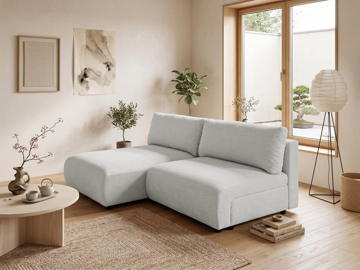 ECKSOFA Sora mit Schlaffunktion, Bettkasten und extra tiefer Komfortzone aus hochwertigem Hellgrau Strukturstoff - Hellgrau/Schwarz, Holz/Kunststoff (140/200cm) - S-Style