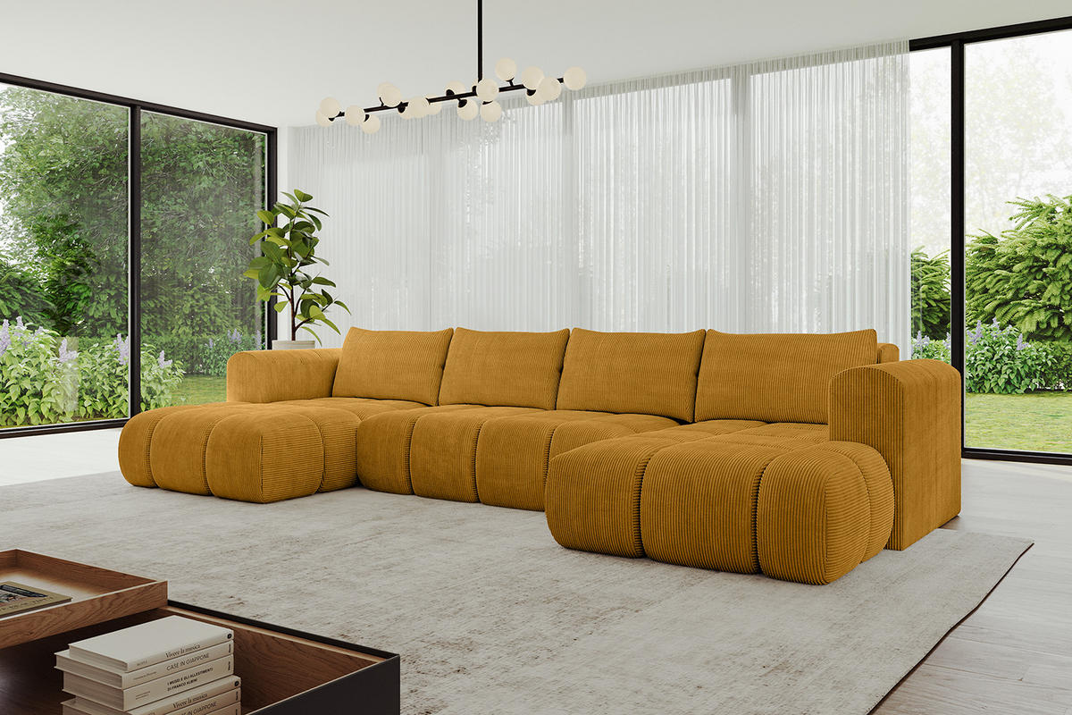 WOHNLANDSCHAFT Ottomane Links CLOUD-U 414x180x40 Senfgelb Cord - Currygelb, Holzwerkstoff/Kunststoff (414/90/180cm) - ALTDECOR
