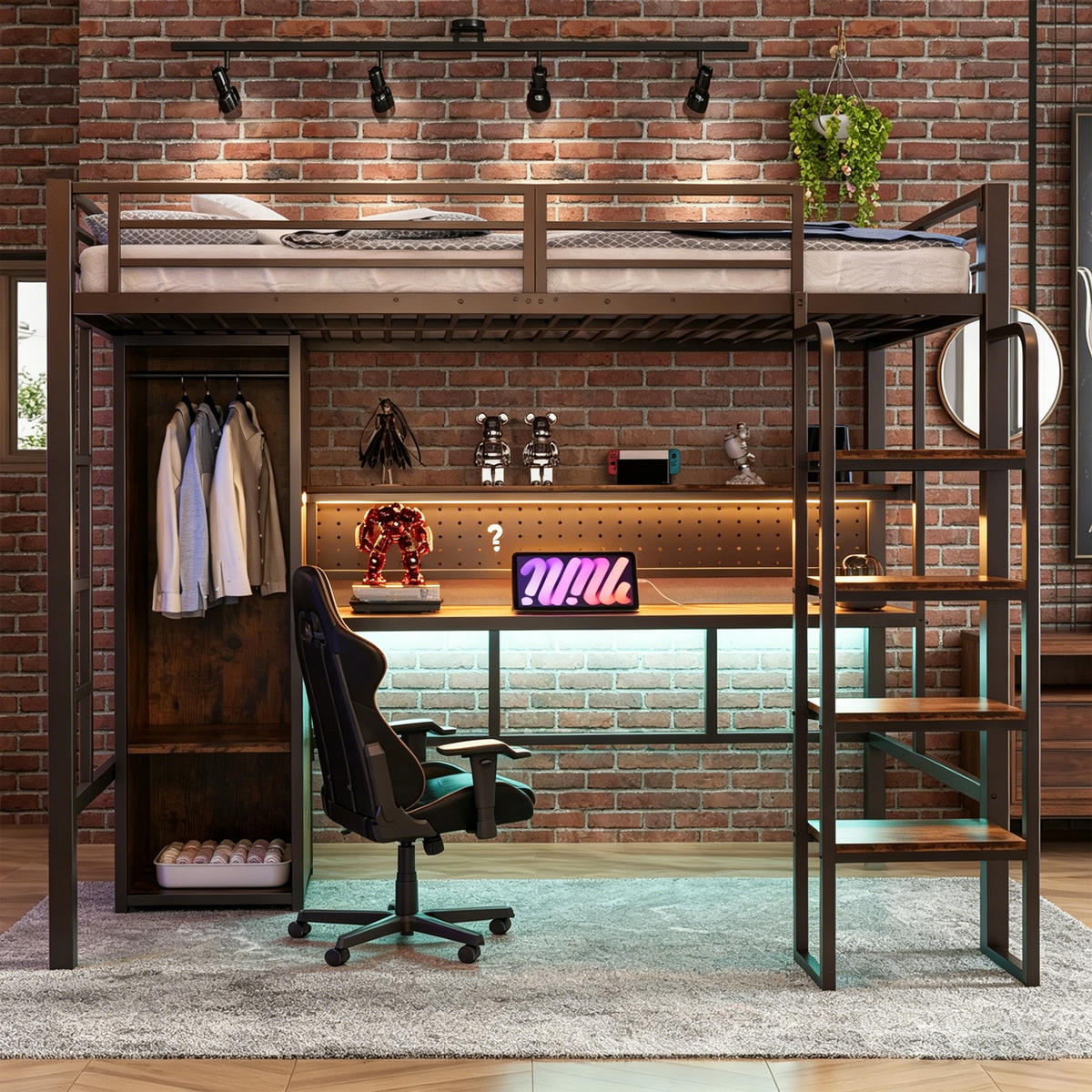 HOCHBETT 90x200cm Schreibtisch LED Regal Schwarz - Schwarz, Metall (90/200cm) - FLIEKS