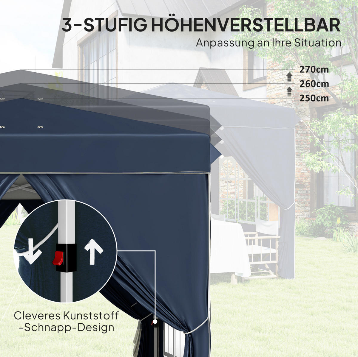 FALTPAVILLON 248/248/270 cm mit Pop-up-Mechanismus, 3-fach höhenverstellbar und 4 Seitenteilen, Blau - Blau, Textil (248/270/248cm) - Redom