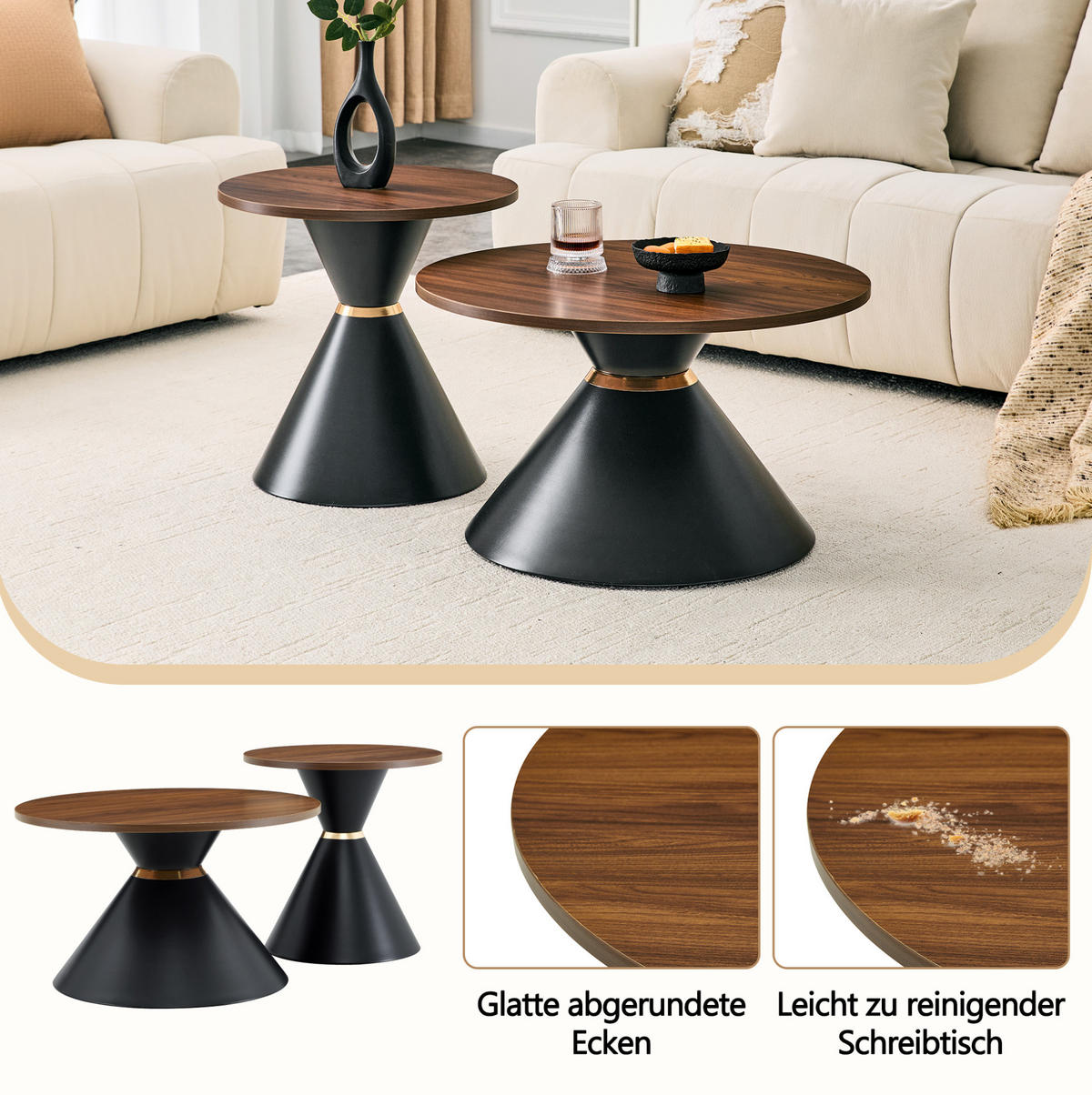 COUCHTISCH-SET aus Metall und Melamin Ø70/42 cm Walnussoptik/Schwarz mit goldener Zierleiste - Walnussfarben, Metall (70/70/42.5cm) - IVMEU