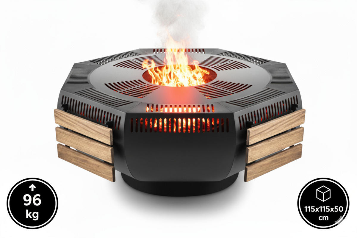 FEUERSCHALE mit Grillring und Grillplatte WOX Schwarz 115 x 115 x 50 cm 96 kg pulverbeschichtet - Schwarz, Metall (115/50/115cm) - The Favilla