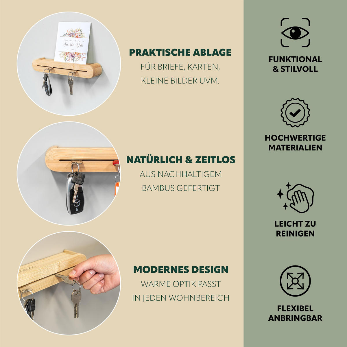 SCHLÜSSELBRETT, Bambus - Braun, Holz (29.5/5/5cm) - eluno