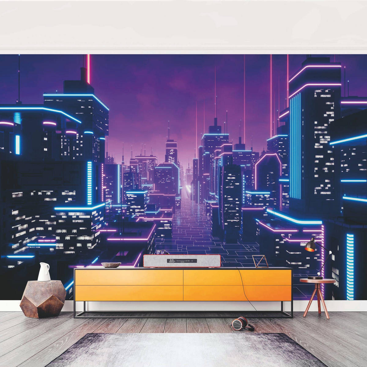 FOTOTAPETE Neon Stadtlichter 432/290 cm - Violett, Papier (432/290cm) - Bilderwelten
