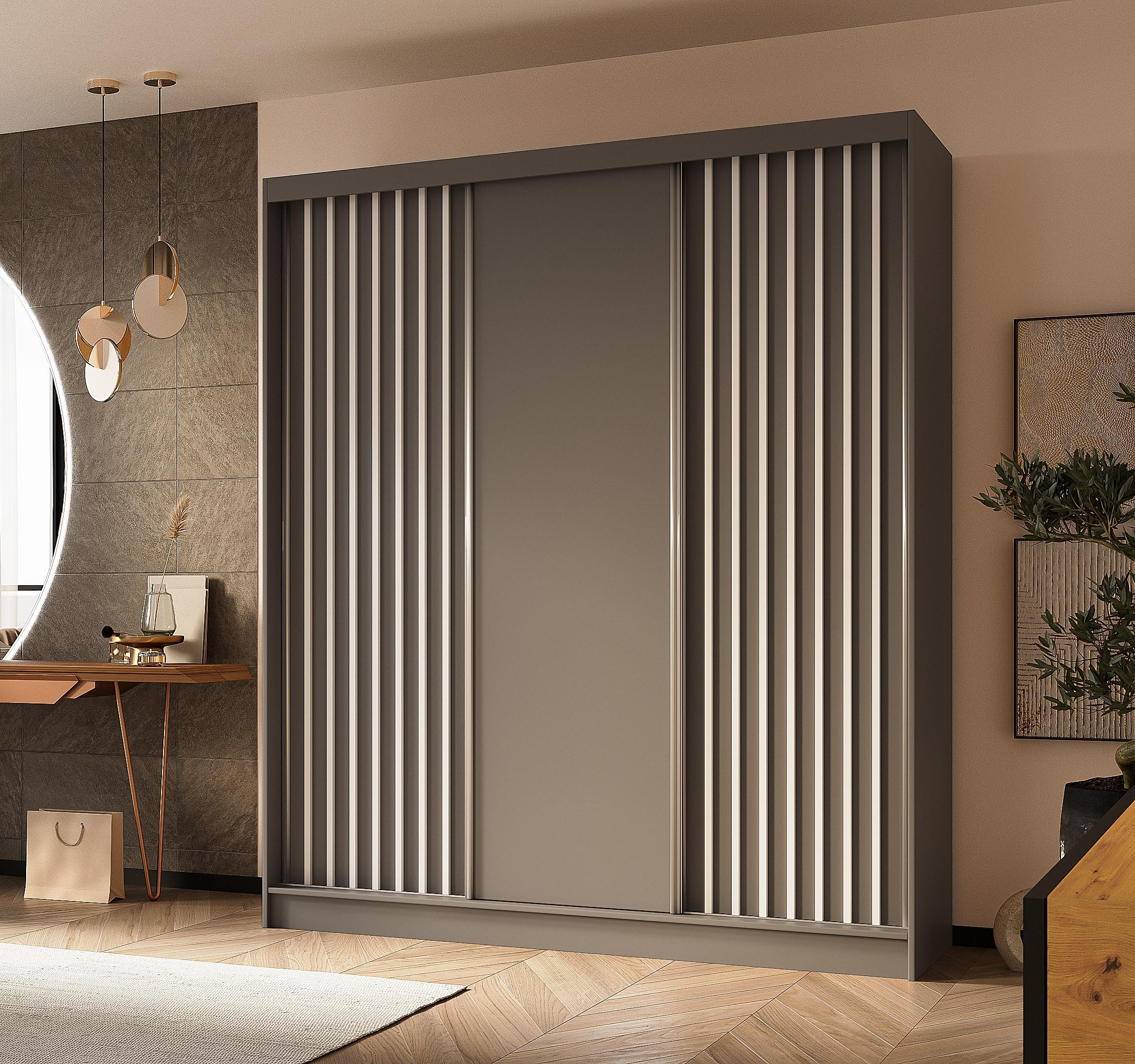SCHWEBETÜRENSCHRANK Cabinio Grau Weiß 180/216/61 cm – Modern, mit Lamellen - Weiß/Grau, Holzwerkstoff/Kunststoff (180/216.1/61cm) - AX Living