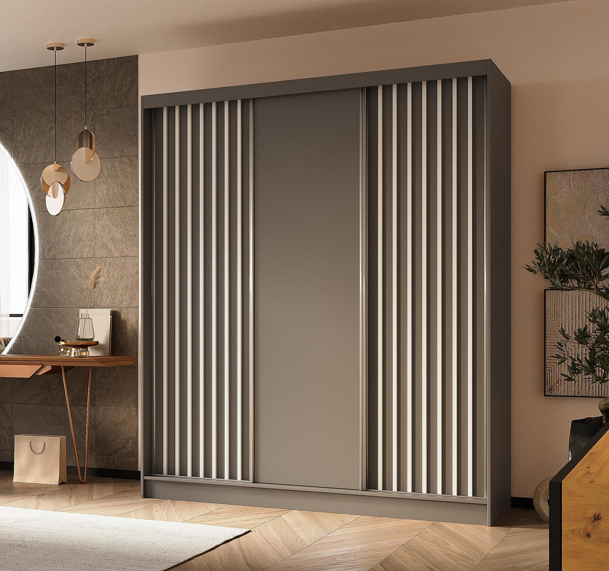SCHWEBETÜRENSCHRANK Cabinio Grau Weiß 180/216/61 cm – Modern, mit Lamellen - Weiß/Grau, Holzwerkstoff/Kunststoff (180/216.1/61cm) - AX Living