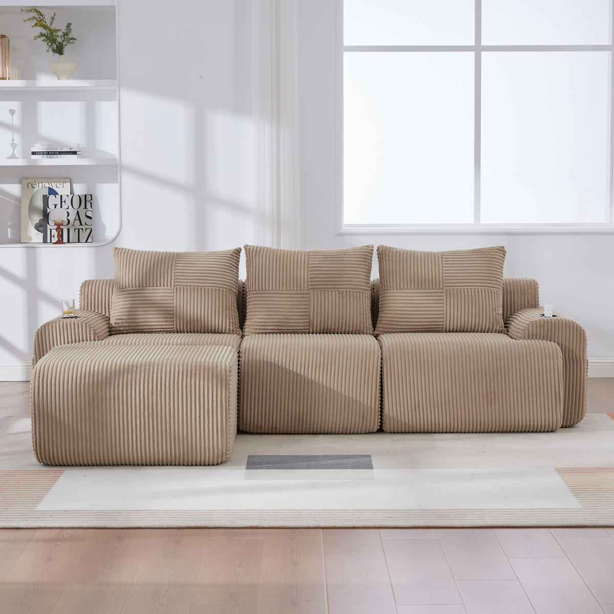 MODULARES 3-Sitzer Sofa Cordstoff mit Hocker Getränkehalter und Seitentasche 268/174/80 cm Sandfarben - Sandfarben, Textil (174/268cm) - Redom