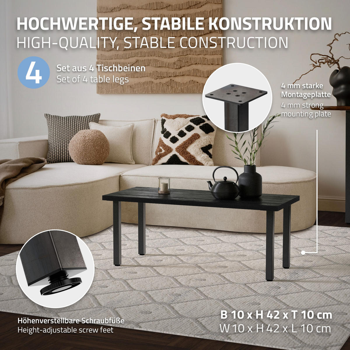 TISCHBEINE 4er Set I-Design H:42 cm Industrial 4x4 cm - Dunkelgrau, Metall (10/42/10cm) - ML-DESIGN