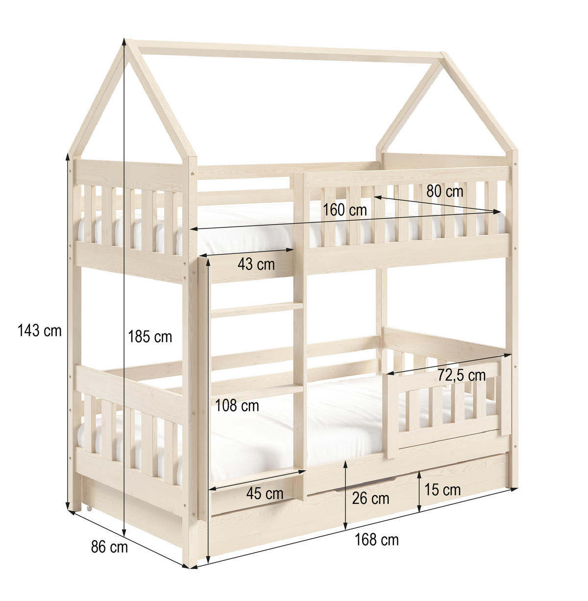 ETAGENBETT ELENA mit Bettkasten 80x160 cm Hellgrau - Hellgrau, Holz (80/160cm) - MASSENO