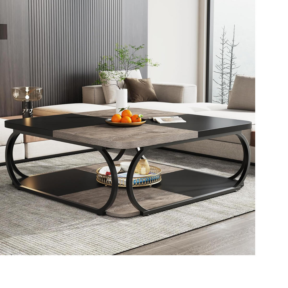 COUCHTISCH in Holzoptik Schwarz/Grau mit Ablage, ca. 100/100 /50 cm - Hellgrau/Schwarz, Holzwerkstoff/Metall (100/100/50cm) - Quality Elegance