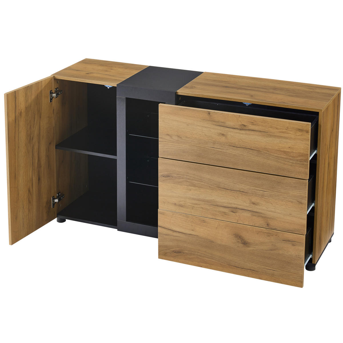 SIDEBOARD aus Spanplatte 140x40x80 cm Schwarz/Braun mit LED-Beleuchtung, 3 Schubladen und Glasböden - Braun, Holzwerkstoff (140/80/40cm) - IVMEU