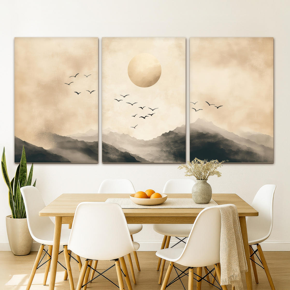 LEINWANDBILD 3er Set Landschaft - Japandi - Beige - Vögel 240x120 cm - Beige, Textil (240/120cm) - MuchoWow