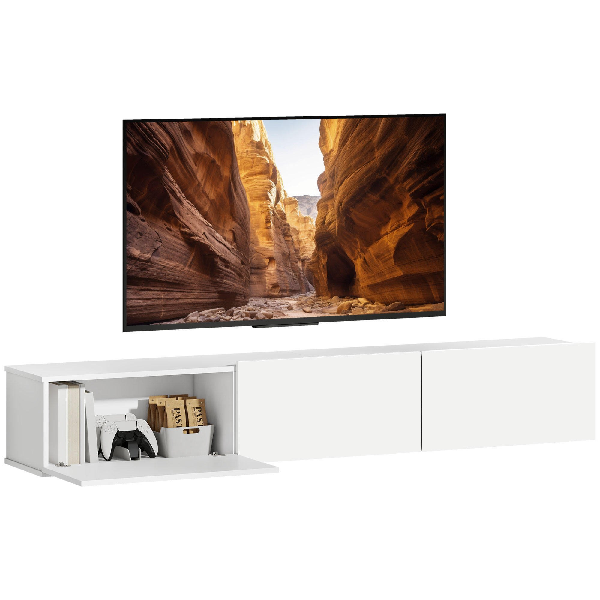 TV Schrank Lowboard hängend 180 cm für Fernseher bis zu 82 Zoll Weiß - Weiß Hochglanz/Weiß, Holzwerkstoff (31.5/29.8/180cm) - HOMCOM