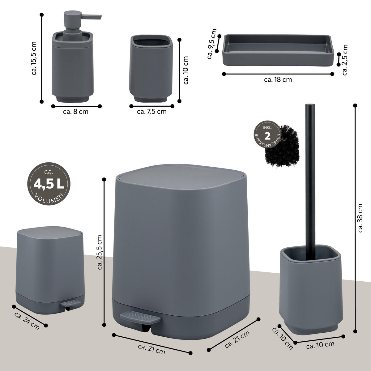 BAD-ACCESSOIRES-SET VALONA 5tlg., grau, Kunststoff - Grau, Kunststoff (21/25.5/21cm) - eluno