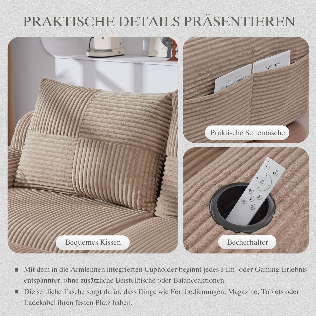 2-SITZER Sofa Cord mit Getränkehalter und Seitentasche 200/99/80 cm Sandfarben - Sandfarben, Textil (99/80/200cm) - Redom