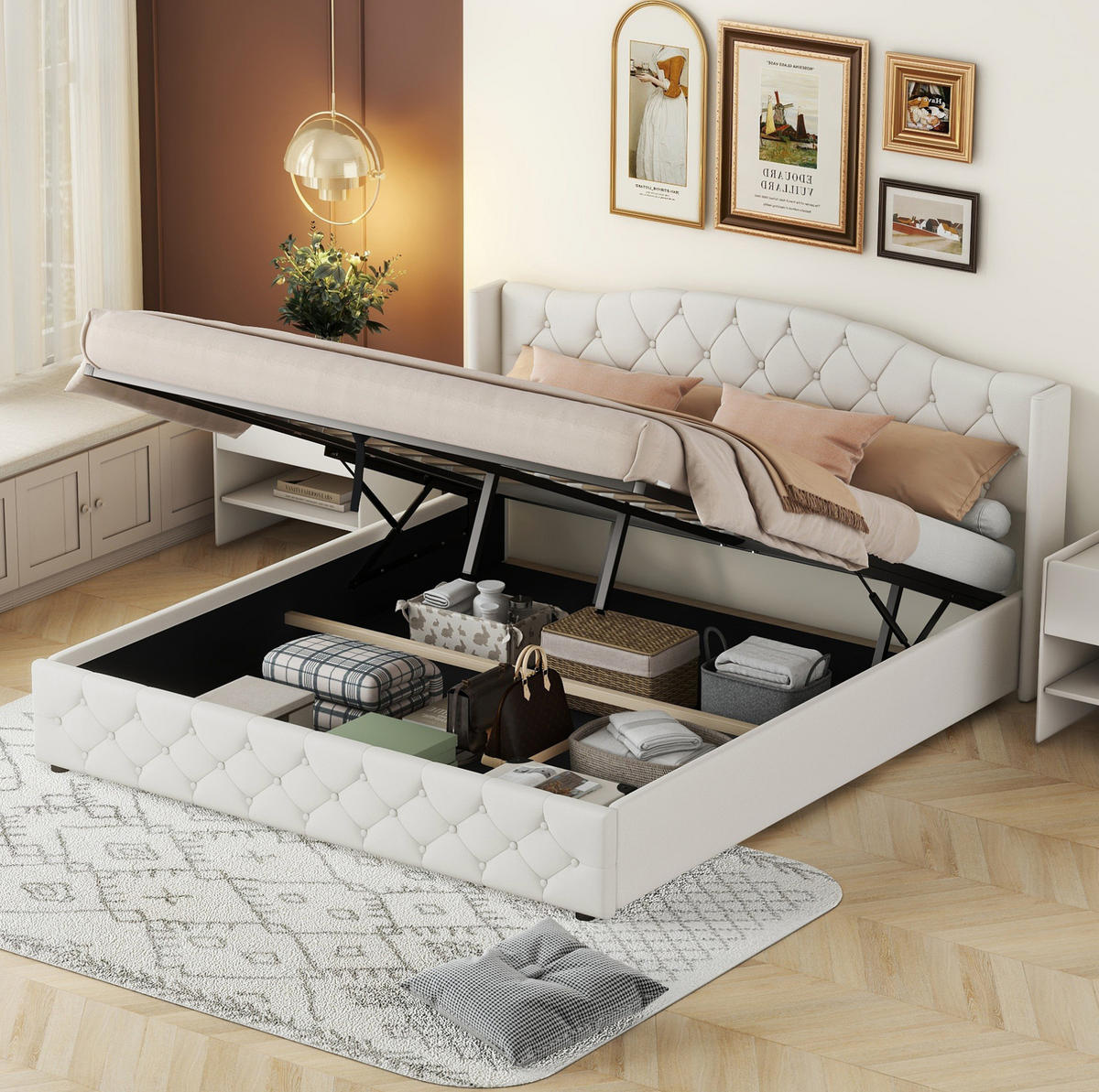 POLSTERBETT 180/200 cm aus Leinenstoff mit hydraulischem Bettkasten und großem Stauraum, Beige - Beige, Textil (180/200cm) - Redom