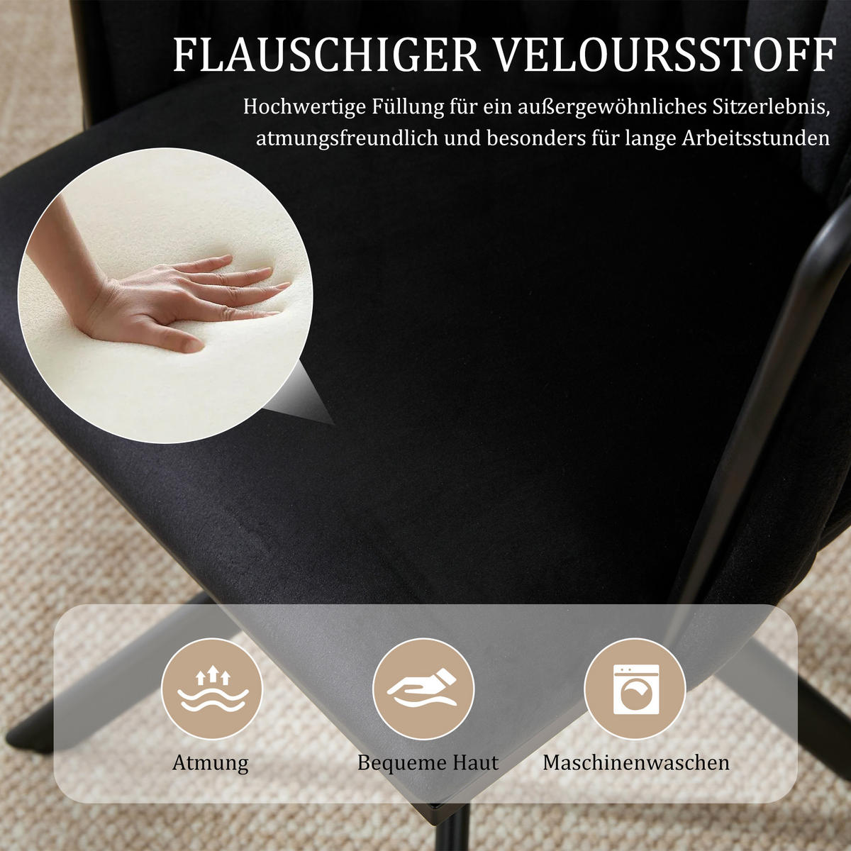 ARMLEHNSTUHL(SET à 2 Stück) - Metallgestell, ergonomisches Design und hochwertiger Velours - Schwarz - Schwarz, Textil/Metall (50/70/56cm) - KOMHTOM