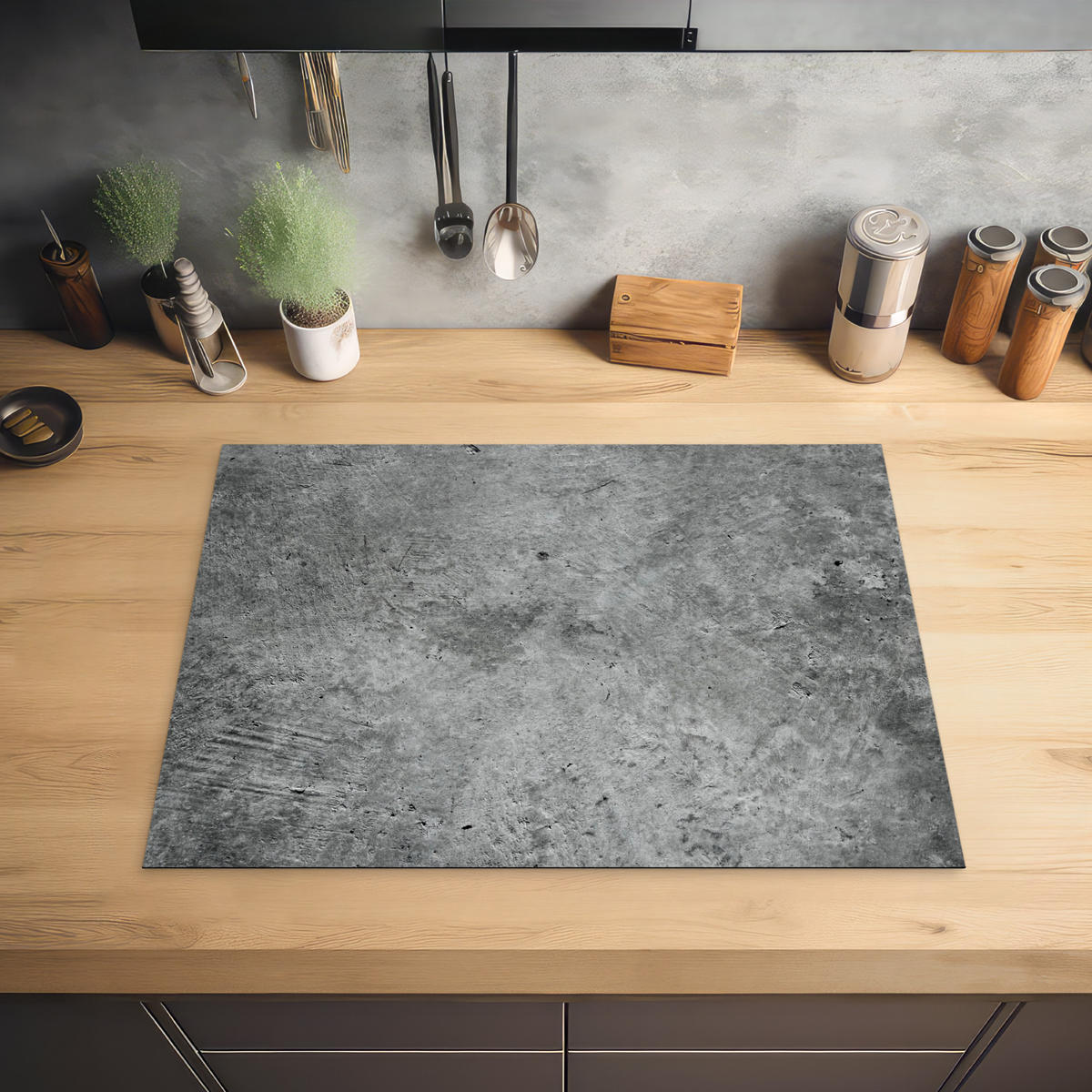 HERDABDECKPLATTE Beton - Schiefer - Grau -Betonstruktur Herdabdeckung Induktionsfeld 70x52 cm - Grau, Kunststoff (70/52/0.2cm) - MuchoWow