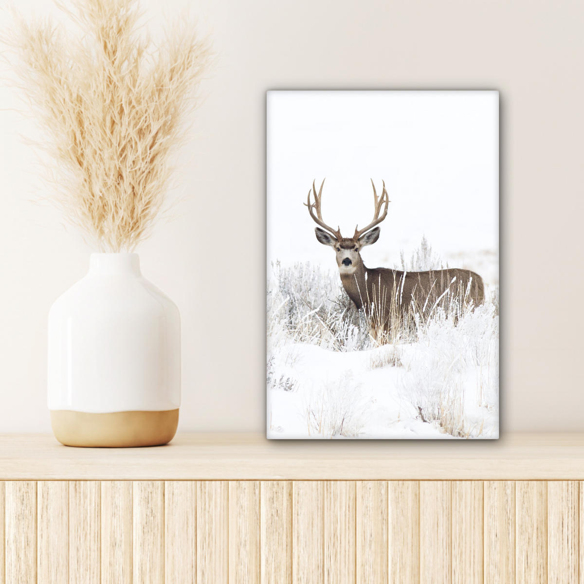 LEINWANDBILD Hirsche - Winter - Schnee - Tiere - Jahreszeiten - Weiß 20x30 cm - Hellbraun, Textil (20/30cm) - MuchoWow